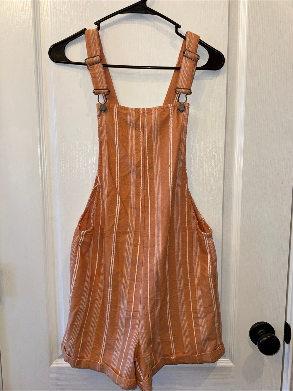 Roxy Orange Striped Linen-Blend Overalls Shorts
